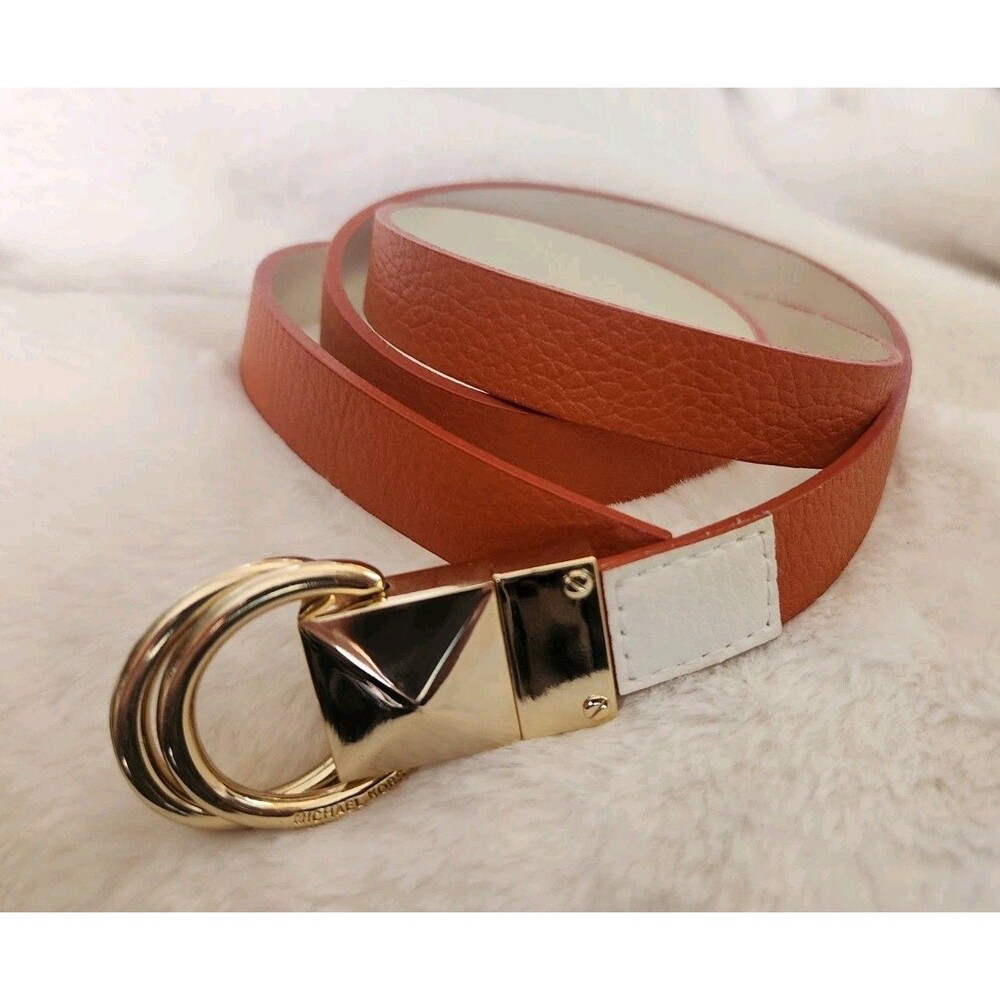 Michael Kors Leather Belt White & Orange Double D Ring Gold Hardware 661134